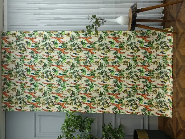 Tropikal Hayvan Desenli Fon Perde Evm582 Kumaşı Kalındır Duck Bezi Değildir- Yeşil-Kahverengi-Kırmızı-Sarı-Krem
