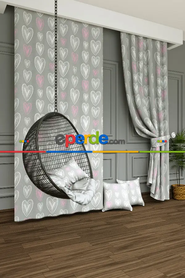 Dökümlü Kumaştan Renkli Kalpler Baskılı Fon Perde- Gri-Füme-Antrasit-Pembe-Ekru