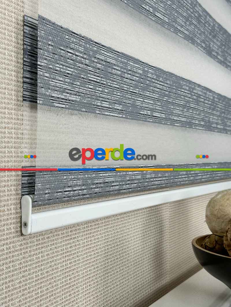 Salon Gri Jakar Dokuma Zebra Perde, Standart Metal Kasalı Yüksek Kalite Kornişe Kolay Montaj Seçenekli
