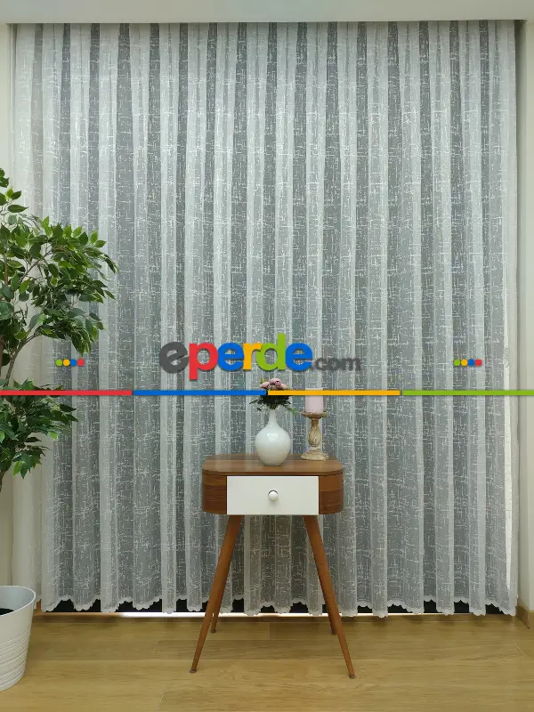 Modern Çizgiler Desenli Tül Perde- Beyaz