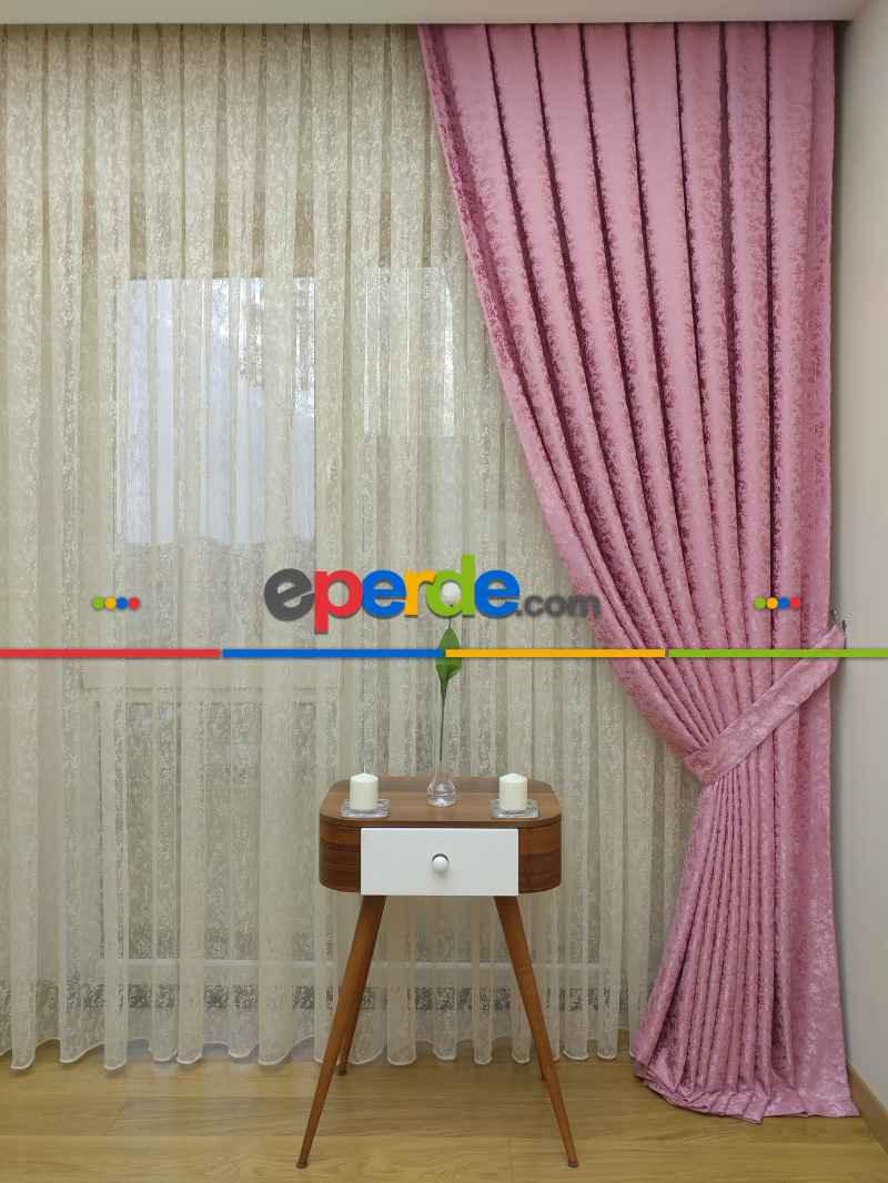 Pembe Duz Jakar Fon Perde (180)- Gül Pembe