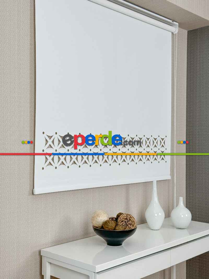 Ekru Lazer Kesimli Stor Perde ( Lazer Kesim Fiyata Dahildir) Metal Kasalı - Yüksek Kalite - Kornişe Kolay Montaj Seçenekli