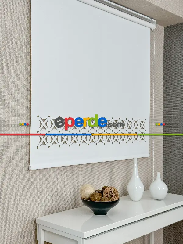 Ekru Lazer Kesimli Stor Perde ( Lazer Kesim Fiyata Dahildir) Metal Kasalı - Yüksek Kalite - Kornişe Kolay Montaj Seçenekli