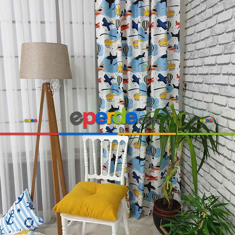 Uçak Helikopter Desenli Fon Perde Evm801 Kumaşı Kalındır Duck Bezi Değildir- Siyah-Sarı-Beyaz