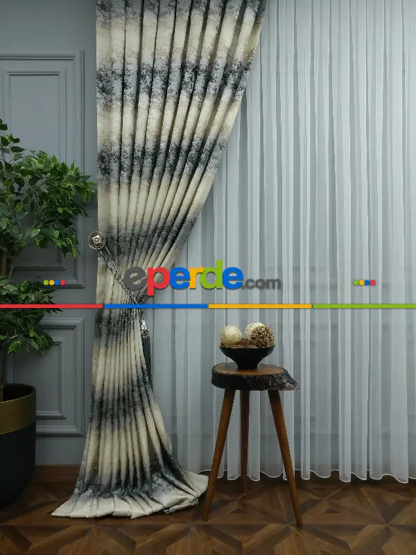 Patine Desenli Gökkuşagı Desen Jakar Fon Perde En- Gri