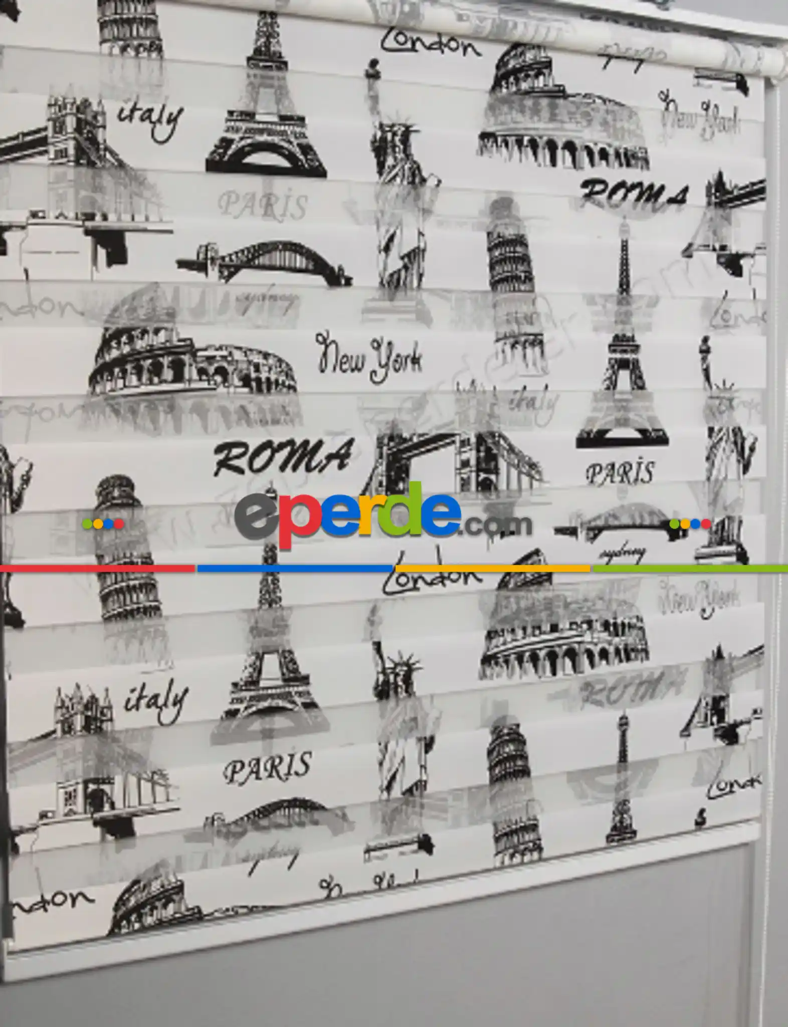 Roma Paris Baskılı Zebra Perde- Siyah-beyaz- Çok Renkli 2