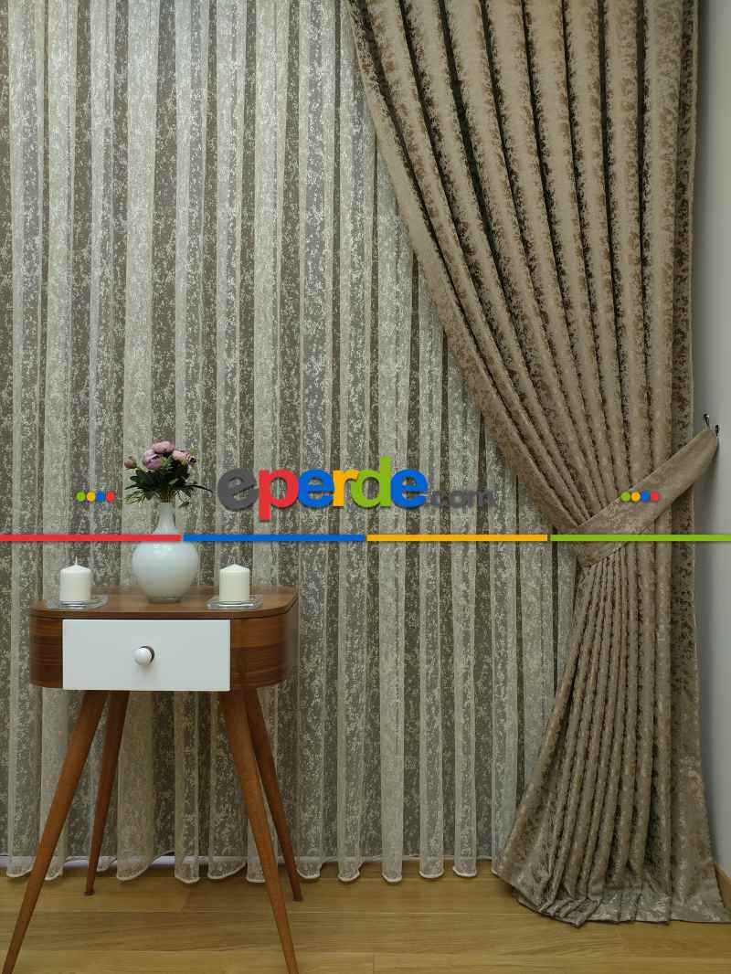 Toprak Duz Jakar Fon Perde (180)- Taba