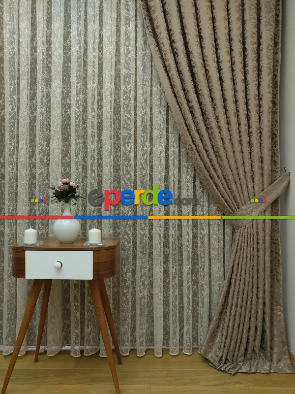 Toprak Duz Jakar Fon Perde (180)- Taba