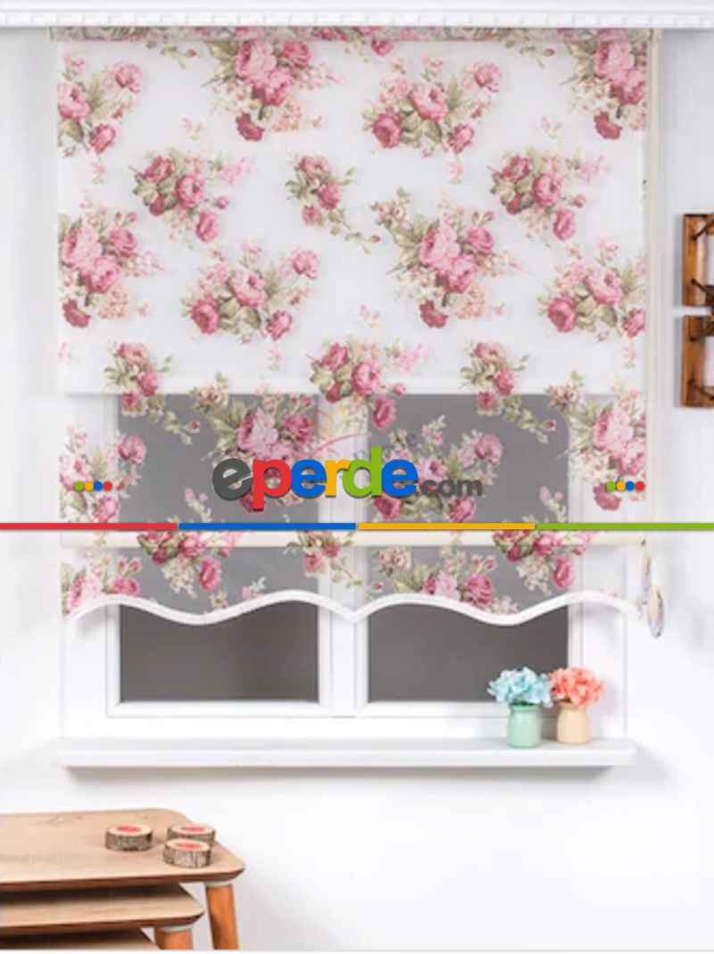 Tül Stor Çiftli Sistem Yakma Zemin Pembe Gül- Pembe-açık Yeşil- Çok Renkli 2