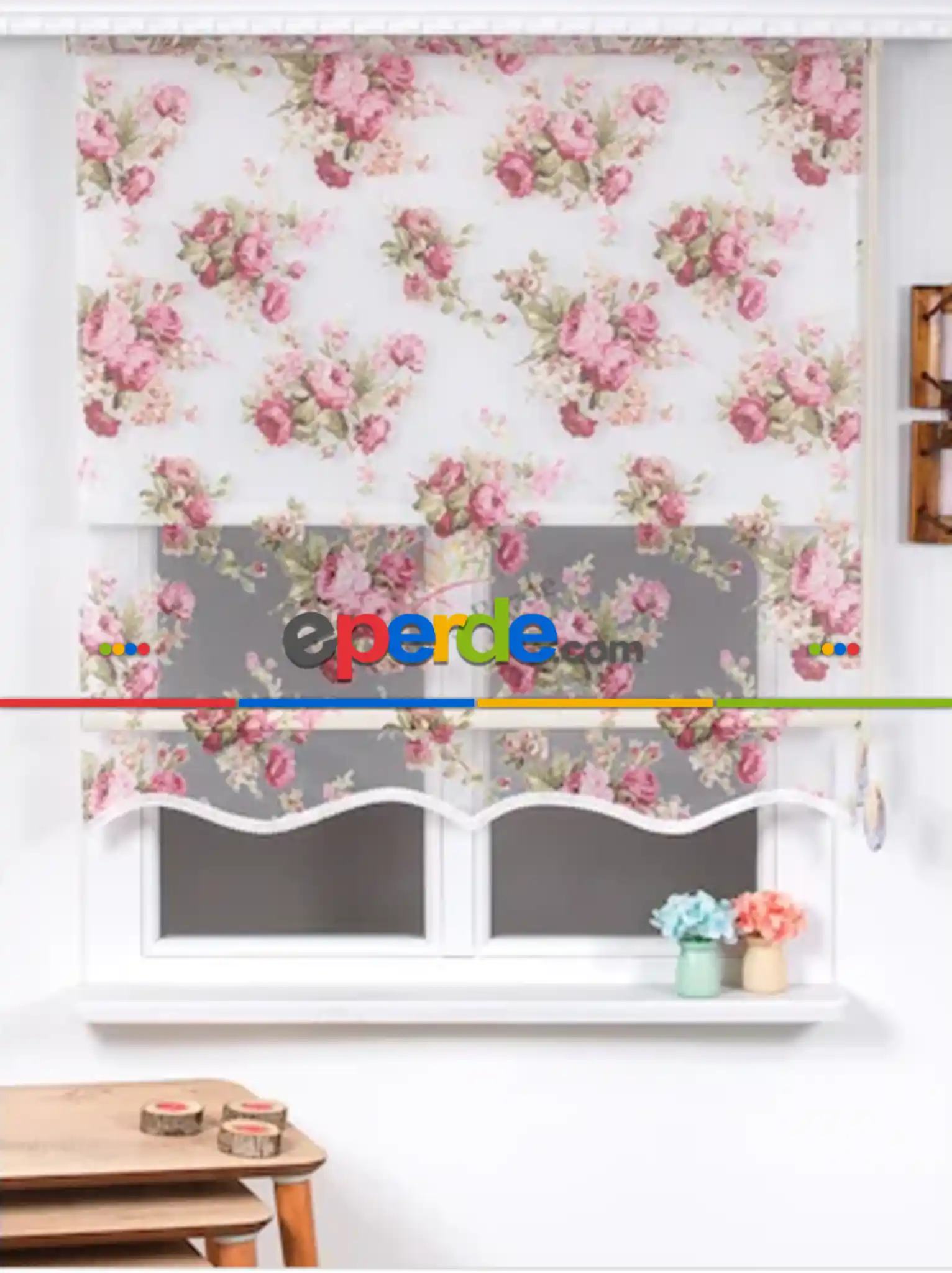 Tül Stor Çiftli Sistem Yakma Zemin Pembe Gül- Pembe-açık Yeşil- Çok Renkli 2