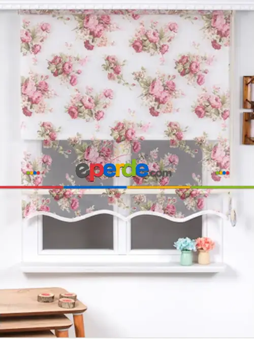 Tül Stor Çiftli Sistem Yakma Zemin Pembe Gül- Pembe-açık Yeşil- Çok Renkli 2