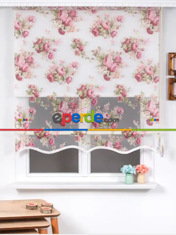 Tül Stor Çiftli Sistem Yakma Zemin Pembe Gül- Pembe-açık Yeşil- Çok Renkli 2