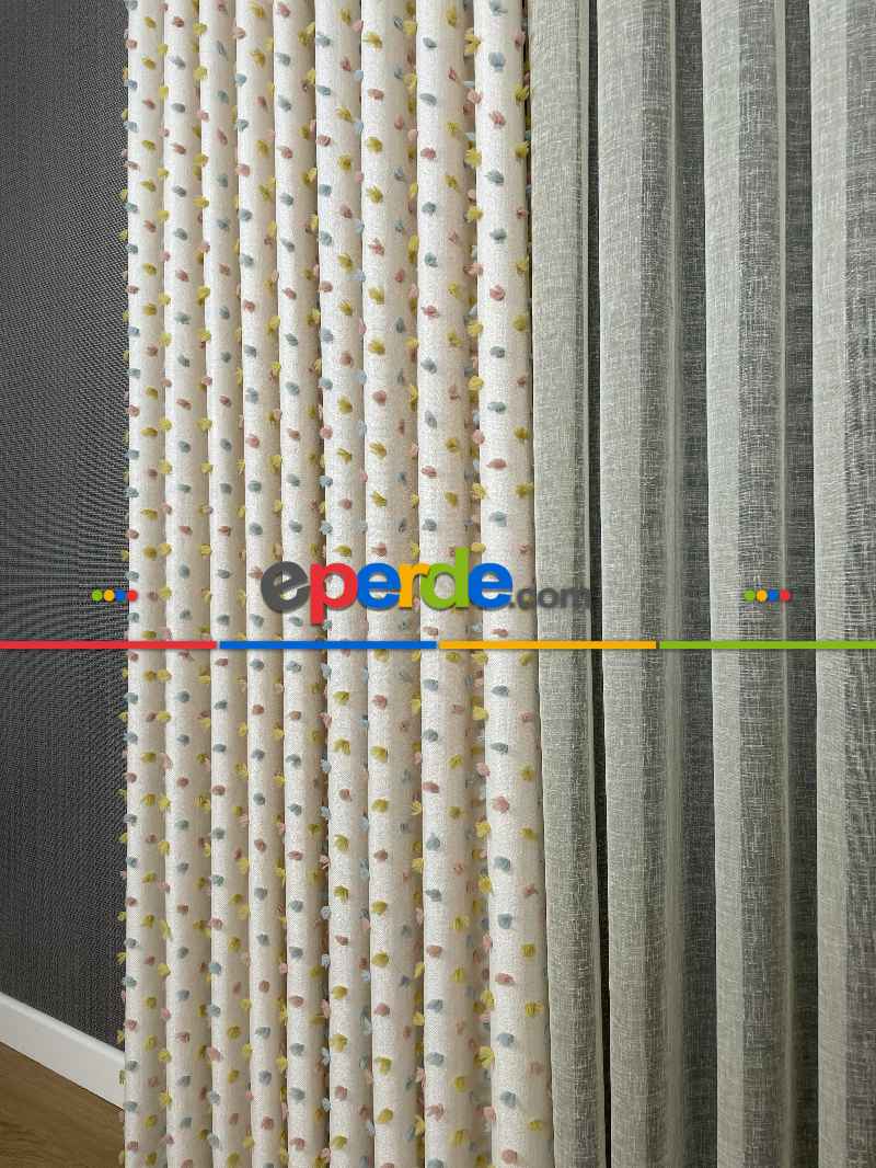 Salon - Krem Çok Renkli Ponponlu Jakar Dokuma, Premium Kalite Serisi Fon Perde