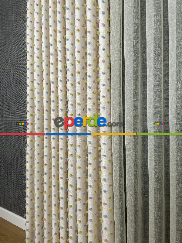 Yatak Odası - Krem Çok Renkli Ponponlu Jakar Dokuma, Premium Kalite Serisi Fon Perde