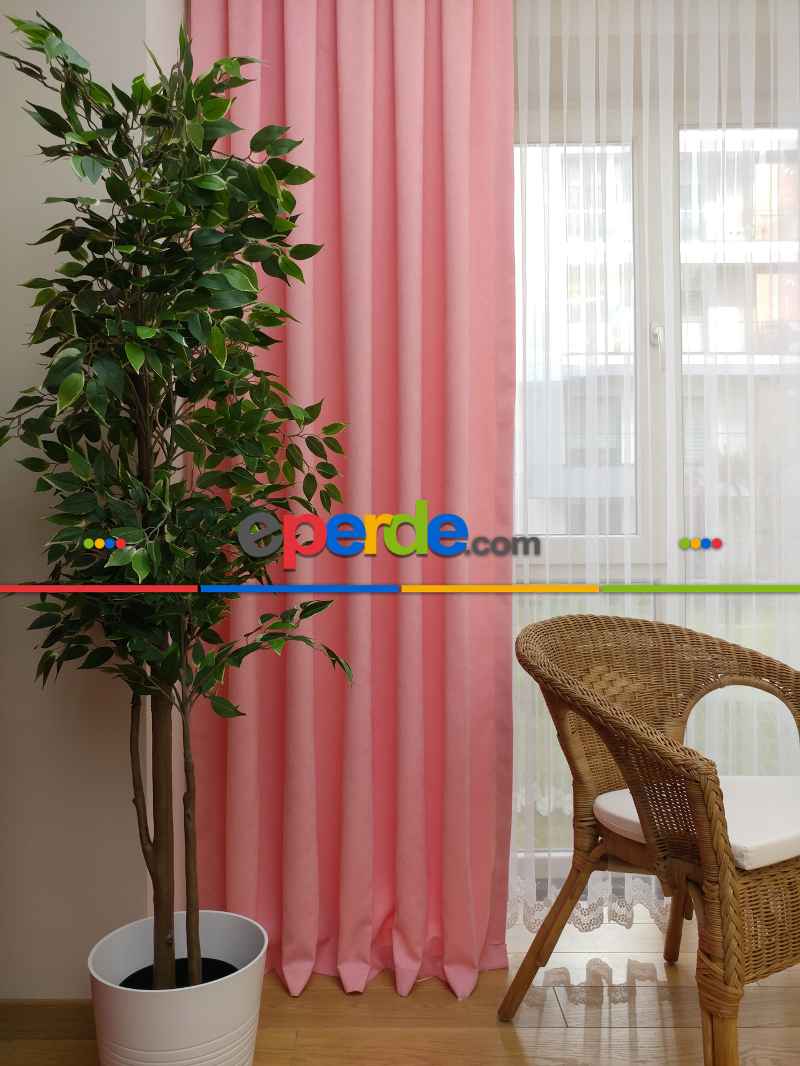 Açık Pembe Düz Sade Mutfak Fon Perde Yan Kanat Perdesi- Pembe Açık