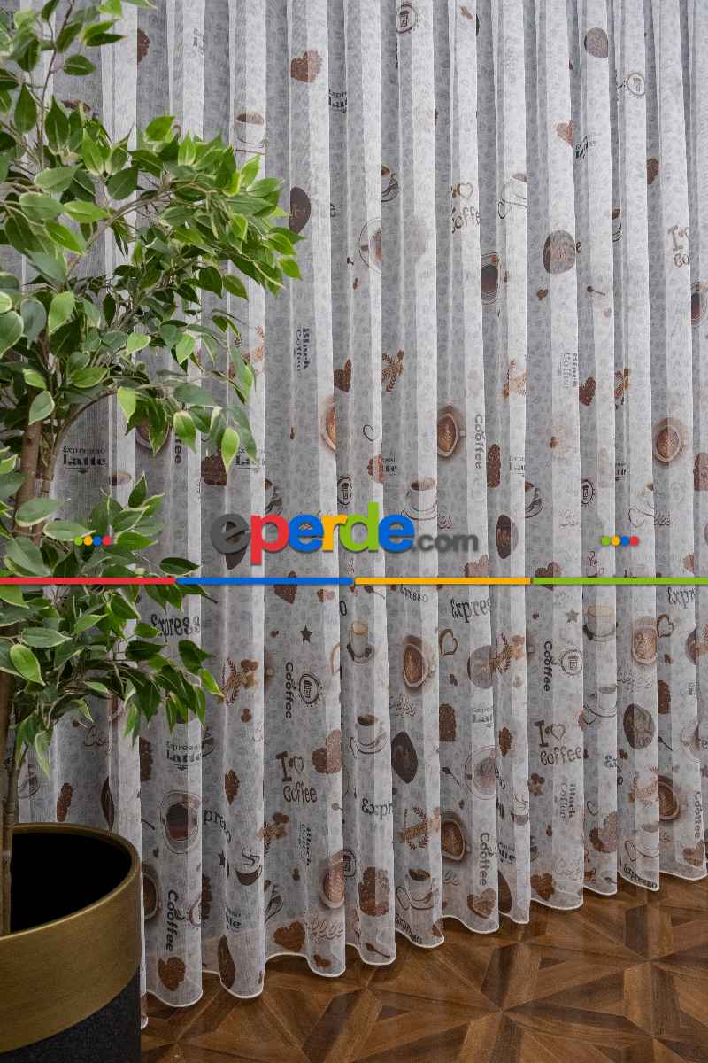 Mutfak Perdesi Kahve Fincan Desenli Tasarım Desen Model Kafe Tül Perdesi - Kurşunlu Tül