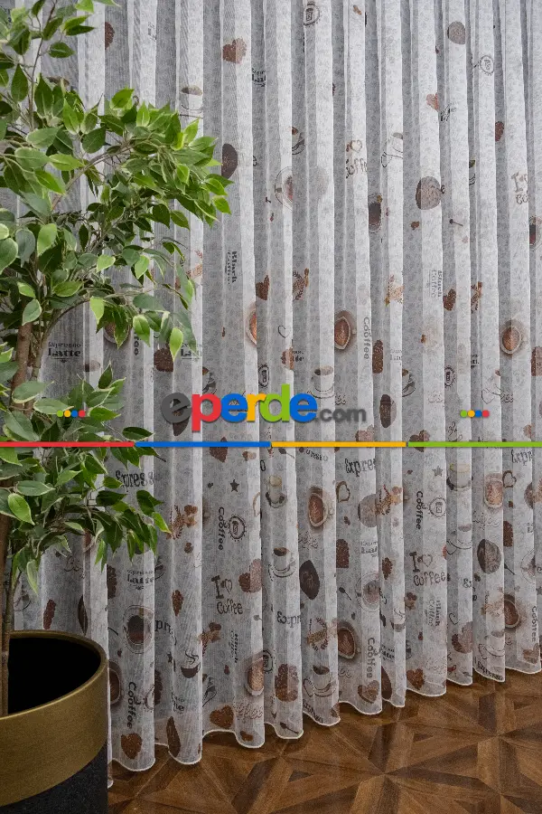 Mutfak Perdesi Kahve Fincan Desenli Tasarım Desen Model Kafe Tül Perdesi - Kurşunlu Tül