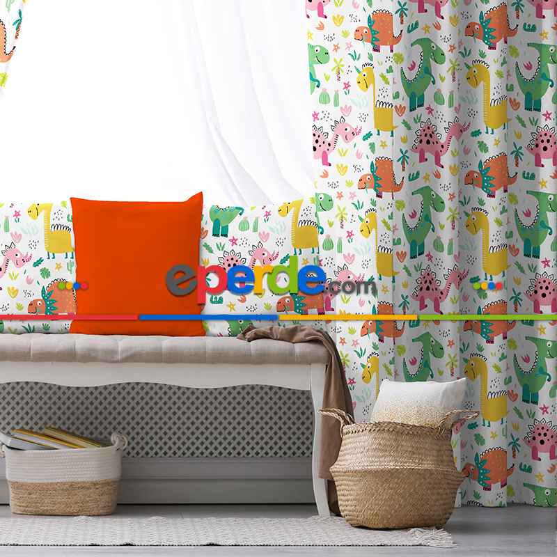 Çocuk Odası - Dinazor Desenli Fon Perde Evim862 Kumaşı Kalındır Duck Bezi Değildir- Mavi-beyaz