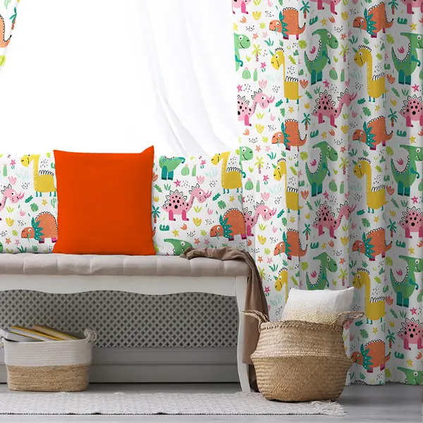 Çocuk Odası - Dinazor Desenli Fon Perde Evim862 Kumaşı Kalındır Duck Bezi Değildir- Mavi-beyaz