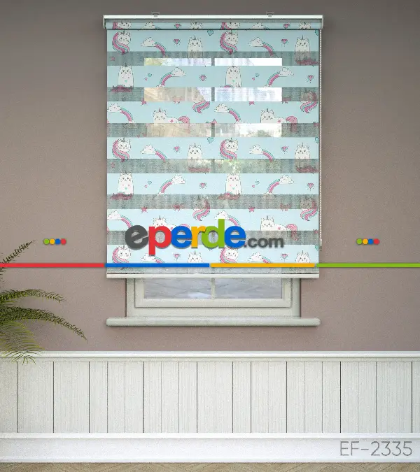 Unicorn Desenli Baskılı Zebra Perde- Çok Renkli