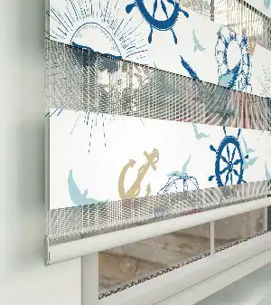 Denizci Desenli Baskılı Zebra Perde- Mavi-çok Renkli-camel