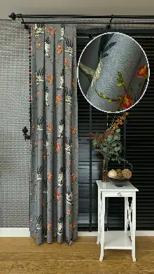 Antrasit Gri Çiçek Kuş Desenli İthal Kadife Fon Perde - Premium Kalite Serisi Ağır Gramajlı