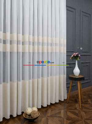 Hazır Ölçülü Krem Bantlı Tasarım Bambu Modern Tül Perde - Yüksek Kalite - Kurşunlu