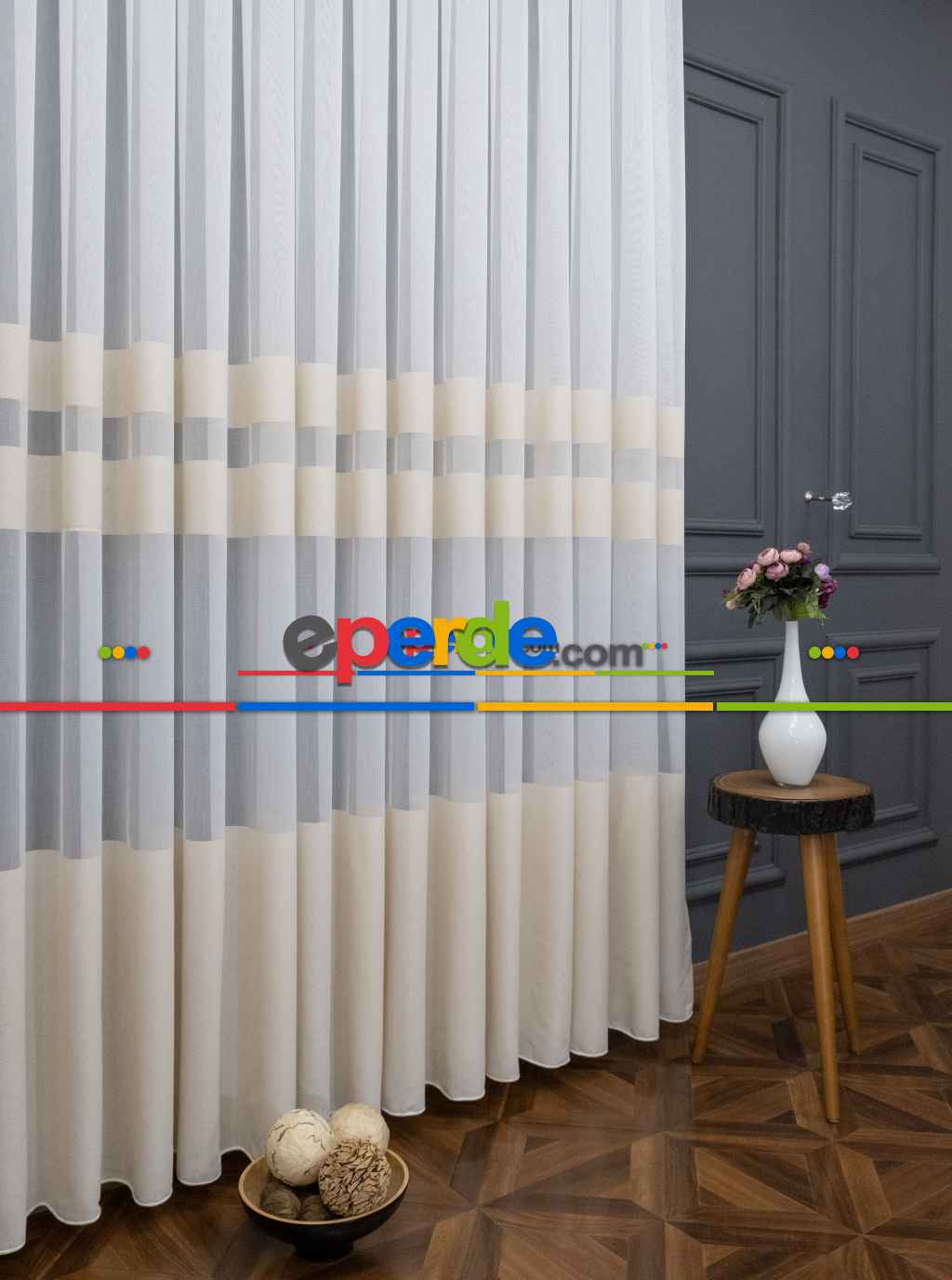 Hazır Ölçülü Krem Bantlı Tasarım Bambu Modern Tül Perde - Yüksek Kalite - Kurşunlu