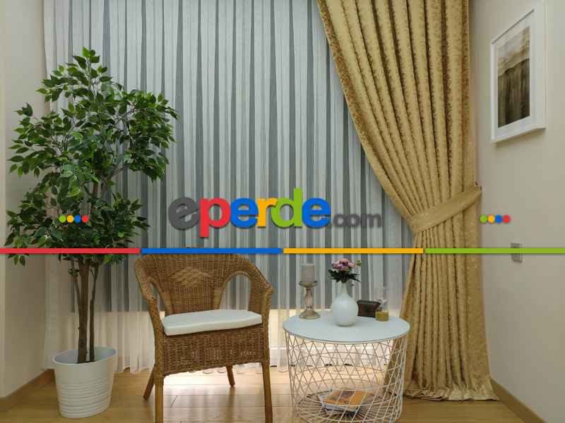 Gold Rengi Duz Jakar Fon Perde (180)- Altın Mat