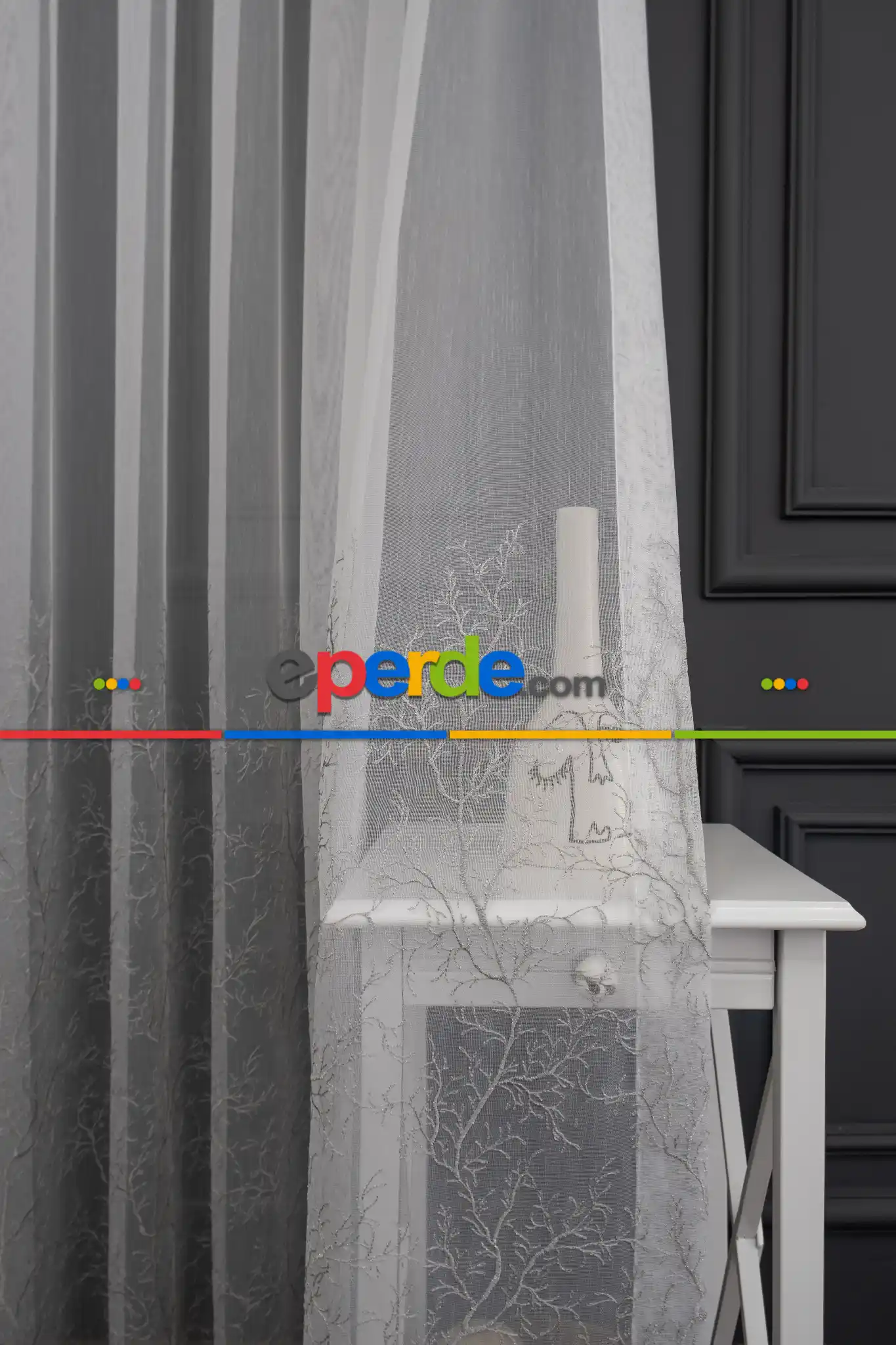 Salon - Selvi Ağaç Desenli İşlemeli Tül Perde - Açık Krem