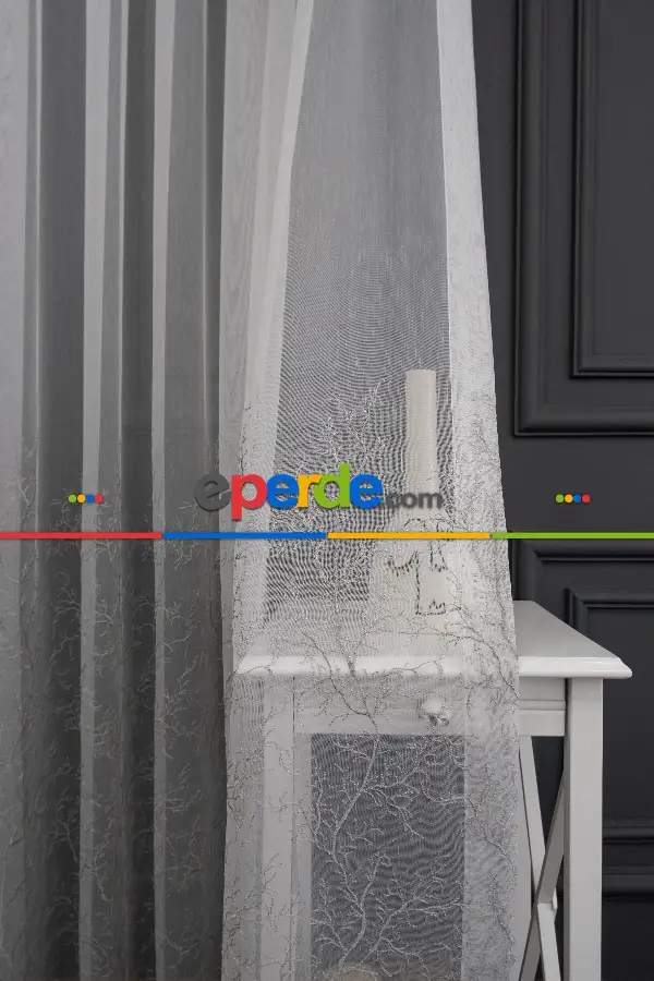 Salon - Selvi Ağaç Desenli İşlemeli Tül Perde - Açık Krem