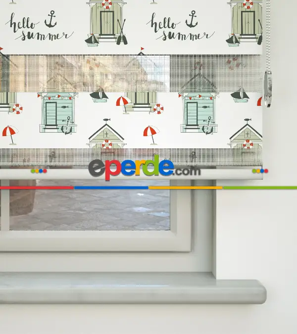 Bebek Odası Zebra Perde - Bekçi Klübesi Baskılı Zebra Perde- Kırmızı-Beyaz-Turkuaz-Turkuaz