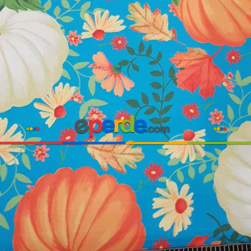 Kabak Desenli Fon Perde Evm1531 Kumaşı Kalındır Duck Bezi Değildir- Mavi-Turuncu