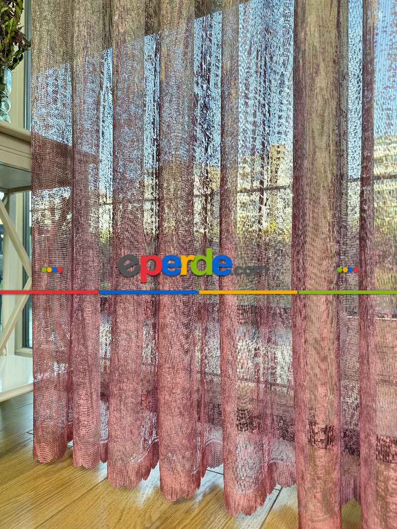 Pembe Kahverengi Degrade Geçişli Tül Perde, Fransız Örme Tül