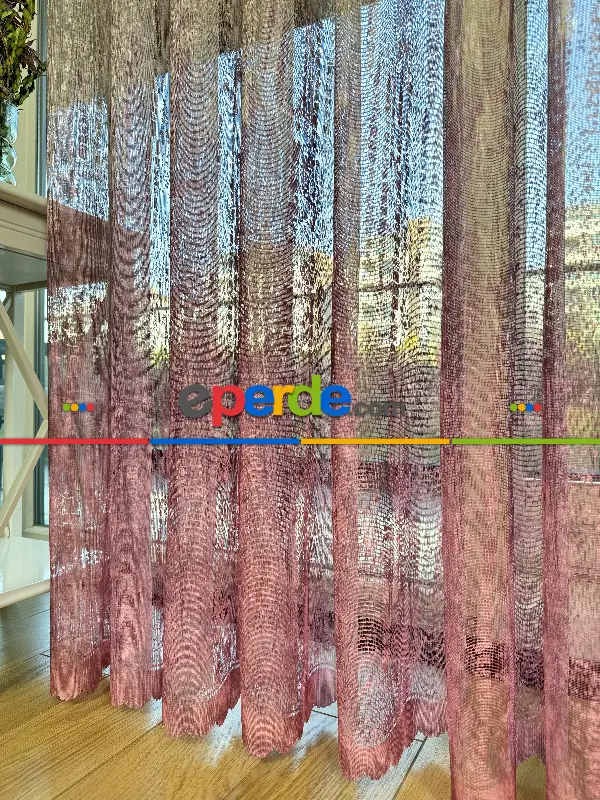 Salon - Pembe Kahverengi Degrade Geçişli Tül Perde, Fransız Örme Tül