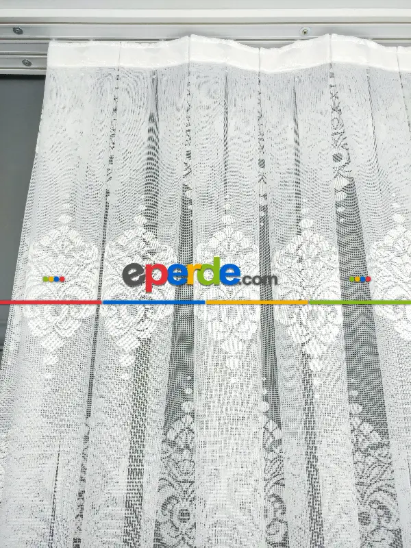 Serpme Damask Desenli Fransız Dantel Tül Perde- Ekru