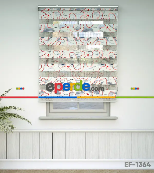 Bebek Odası Zebra Perde - Çapa Ve Zincir Desen Baskılı Zebra Perde- Lacivert-Kırmızı