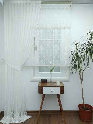 Desenli Tül Fon Perde- Ekru