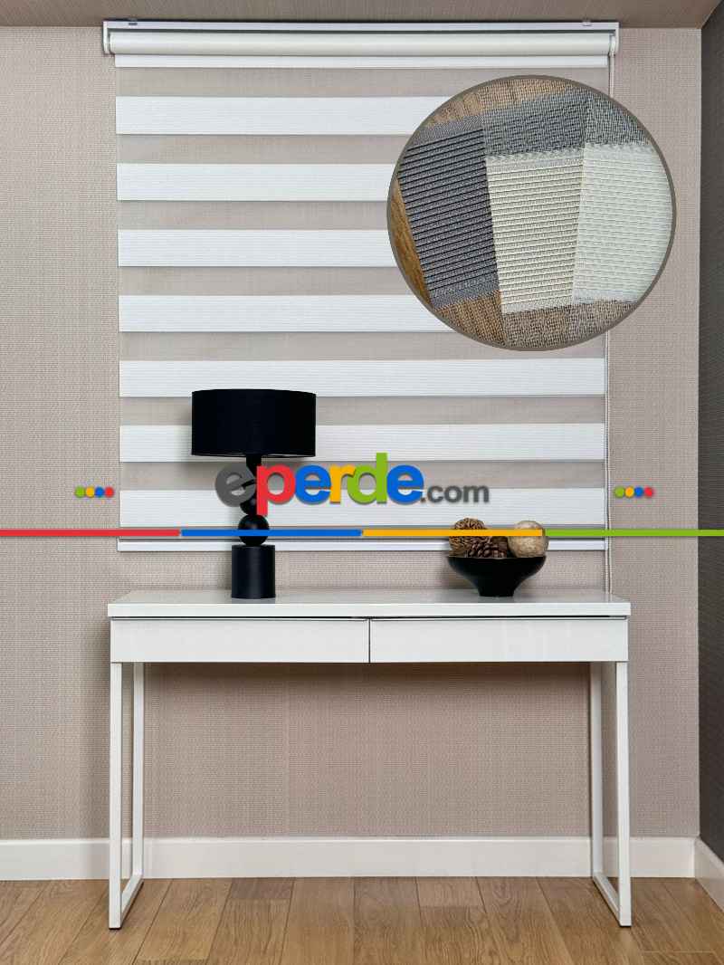 Yatak Odası Ekru Dar Sık Pliseli Zebra Perde, Standart Metal Kasalı Yüksek Kalite Kornişe Kolay Montaj Seçenekli