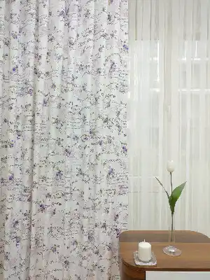 Mor Renk Gül Desenli Baskılı Fon Perde- Mor-Lila-Ekru