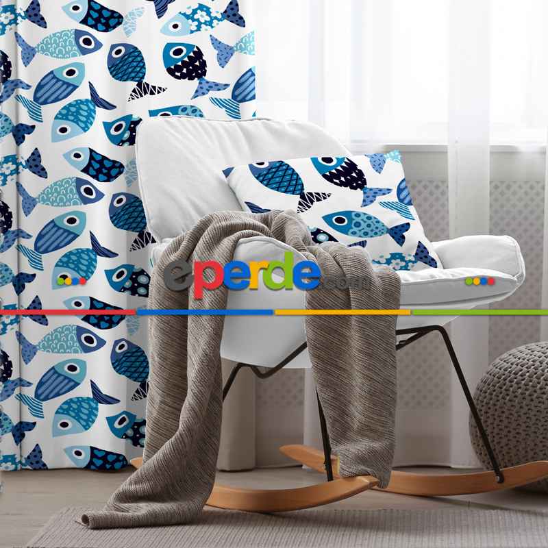 Balık Desenli Fon Perde Evim493 Kumaşı Kalındır Duck Bezi Değildir- Mavi-beyaz