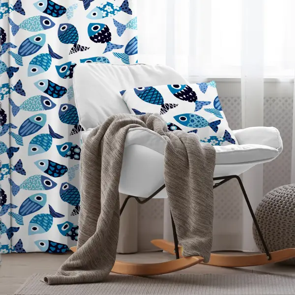 Çocuk Odası - Balık Desenli Fon Perde Evim493 Kumaşı Kalındır Duck Bezi Değildir- Mavi-beyaz