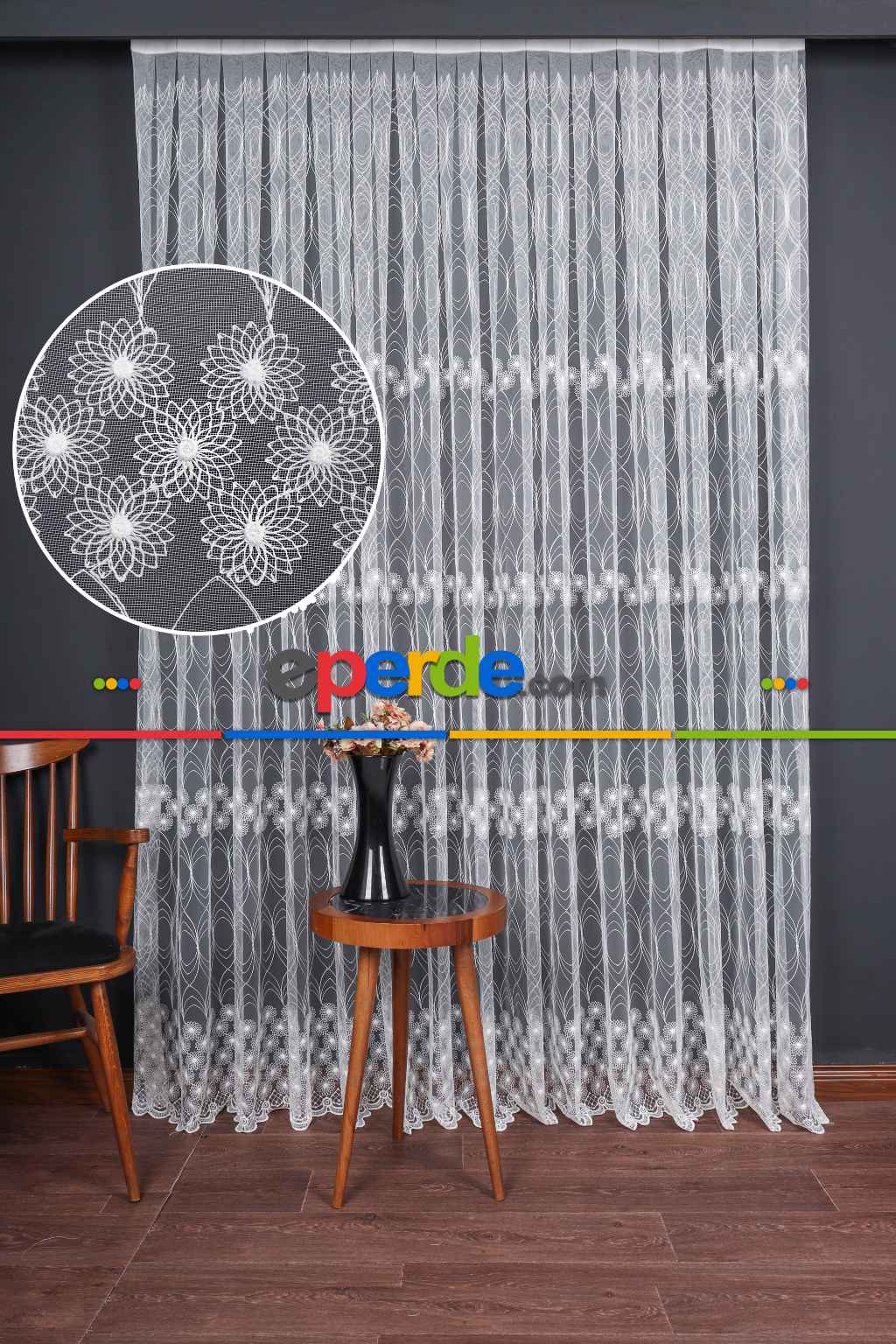 Şeritli Papatya Nakış İşlemeli Brode Tül Perde