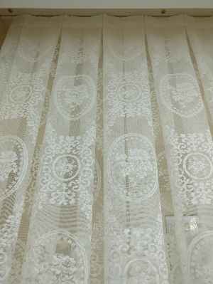 Damask Çiçek Desenli Özel Örme Dokulu Tül Perde- Ekru