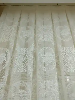 Damask Çiçek Desenli Özel Örme Dokulu Tül Perde- Ekru