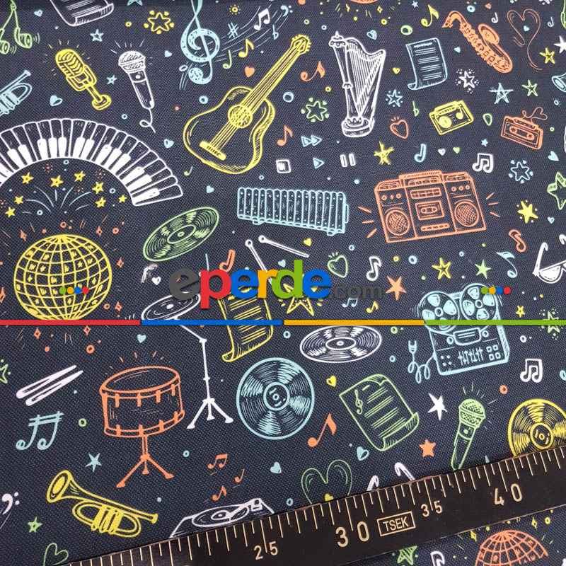 Müzikal Desenli Fon Perde Evm1105 Kumaşı Kalındır Duck Bezi Değildir-  Çok Renkli 2