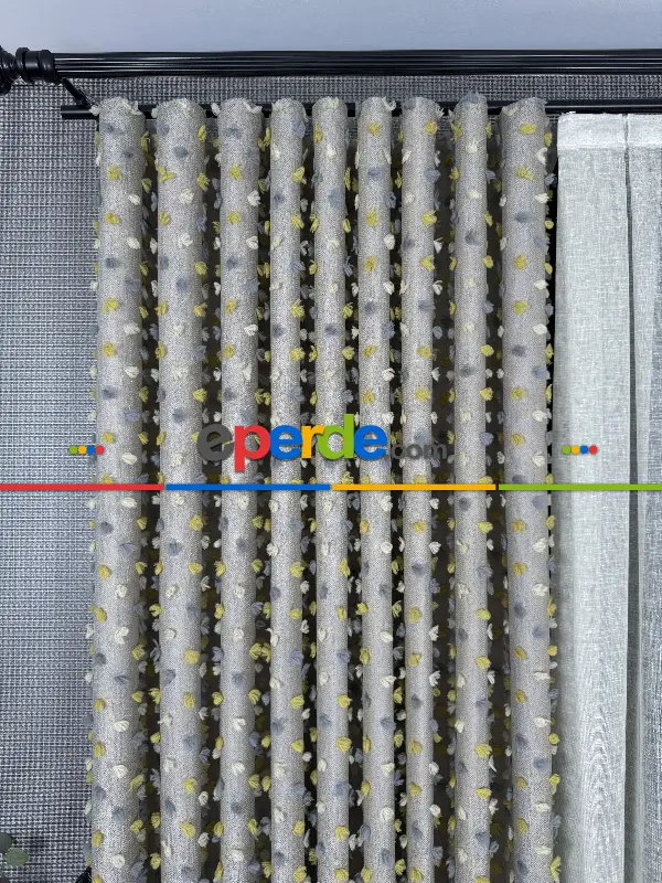 Yatak Odası - Açık Antrasit Krem Ve Sarı Ponponlu Jakar Dokuma, Premium Kalite Serisi Fon Perde