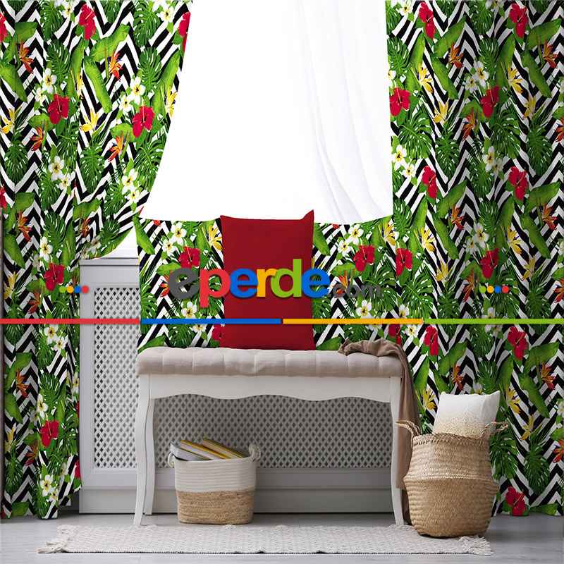 Yaprak Desenli Fon Perde Evim K-520 Kumaşı Kalındır Duck Bezi Değildir