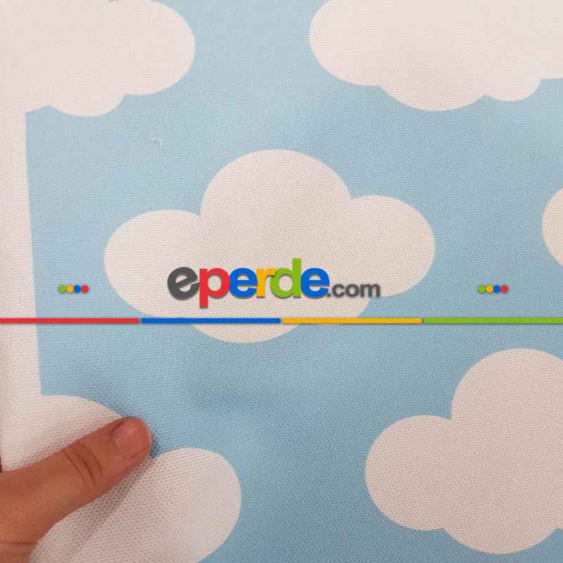 Bulut Desenli Fon Perde Evm484-1 Kumaşı Kalındır Duck Bezi Değildir- Beyaz-Mavi Açık