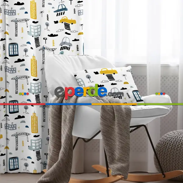 Erkek Çocuk ve Bebek Odası Fon Perde - Desenli - Gri Sarı